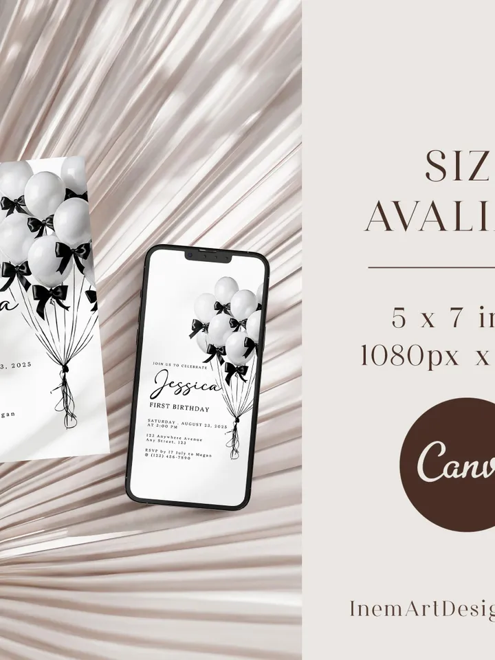 Editable Black & White Bow Balloon Birthday Invitation - Custom Canva Template, First Birthday Party Invite - WB211
