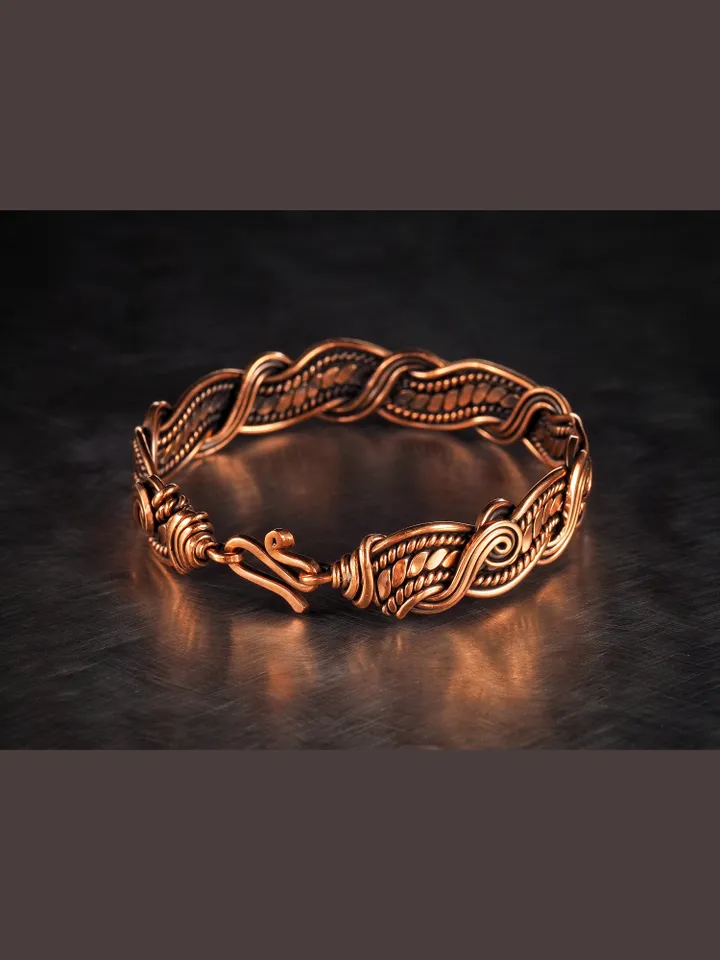 Wire wrapped bracelet, Unique 7th 22nd Wedding Anniversary gift idea, Art Nouveau antique style, One of kind braided statement bangle, Handmade oxidized pure copper woven wire elven jewelry, Pain relief, EMF protection, Hippiу accessory, Unique antique st