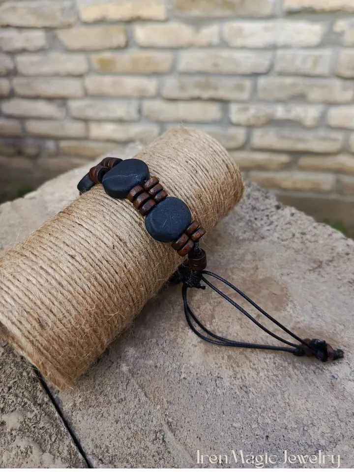 Men's Shungite Bracelet with Wood Beads on Cord