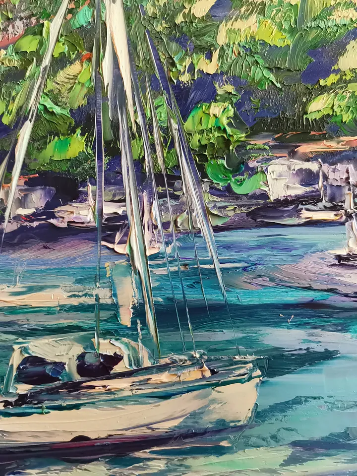 Yachts Sailboats Sea Mountains Original Art Oil Painting Resort Rocks Artist Svinar Oksana