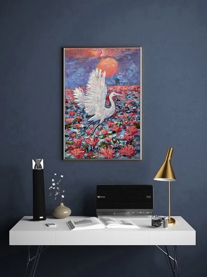 Heron Painting Thailand Original Art Red Lotus Artwork Bird Small Impasto Lake