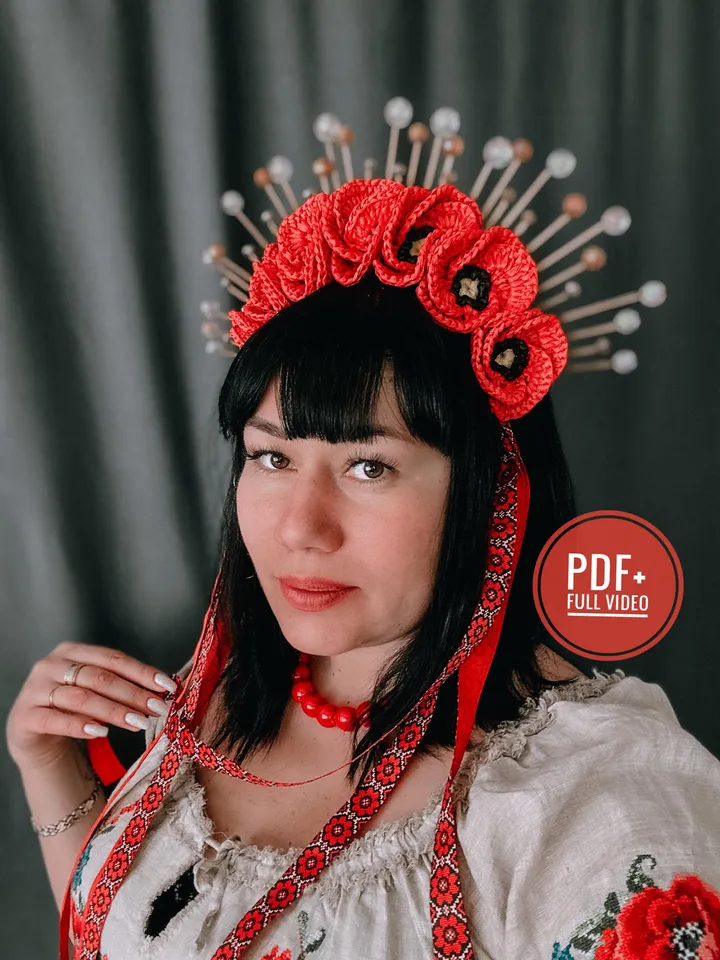 Crochet pattern poppy headband PDF digital instant download, ethnic headpiece, crowns, tiara, diadems, bridal, hair accessories, wreath