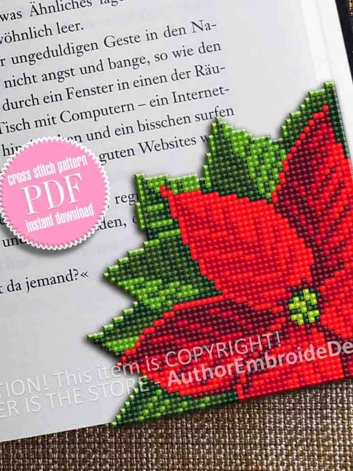 Poinsettia Corner bookmark cross stitch pattern PDF download Christmas flower cross stitch chart, Christmas bookmark pattern digital #B392