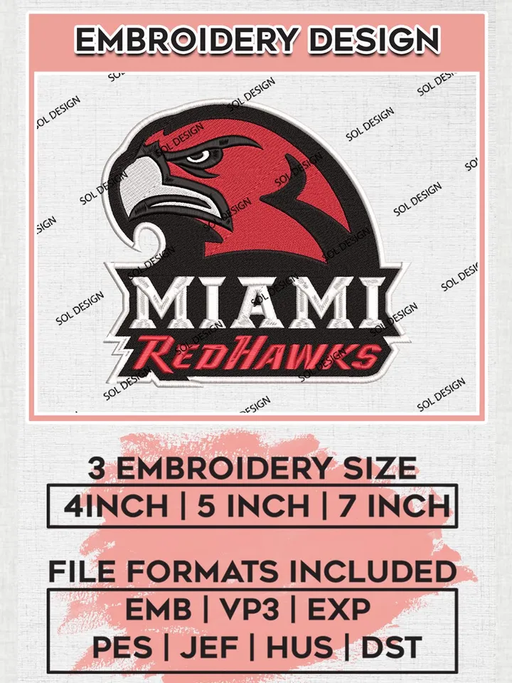 NCAA Miami Redhawks Team Logo Machine Embroidery Design, NCAA Redhawks Team Design Design files, NCAA Team Embroidery Designs, NCAA Machine Embroidery Designs, Digital Download