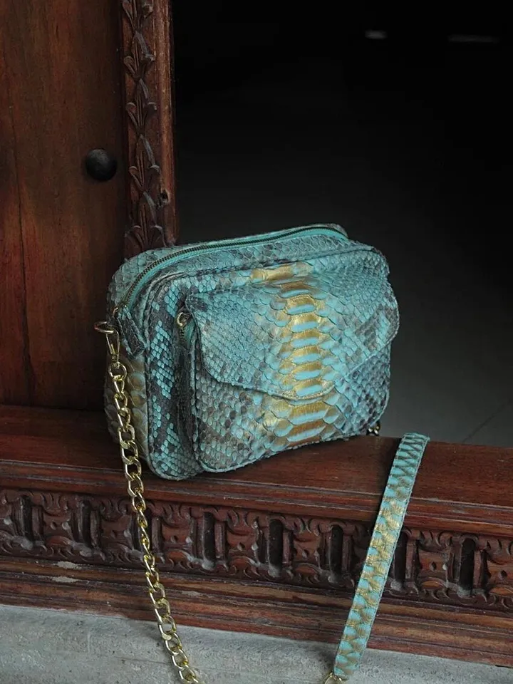 Genuine python skin crossbody blue sport bag with pocket | designer women leather handbag | snakeprint bag | crossbody purse | gift for her