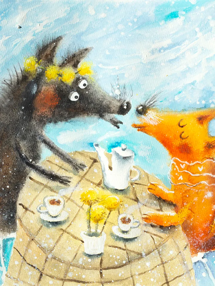 26×26 Artwork by Julia Schigal "Tea with a kiss" - watercolor, gouache