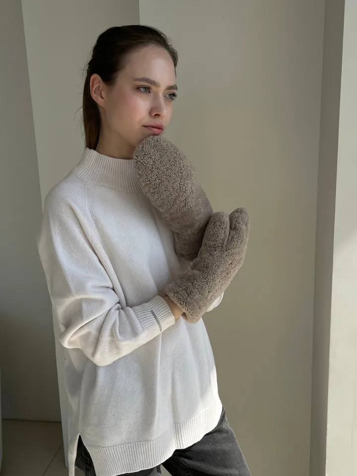Genuine shearling mittens dark beige colour/ real fur mittens /women cold weather designer gloves / warm cosy mittens/ winter wear