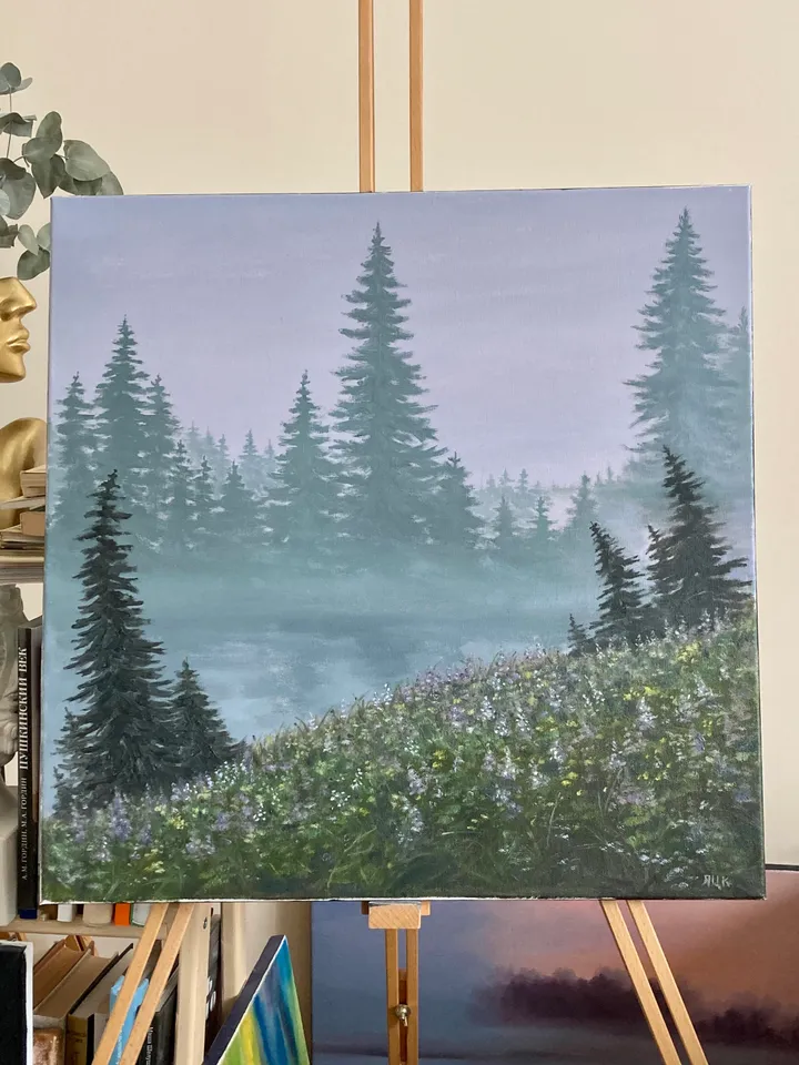 Forest Painting Landscape Oil Artwork Foggy Art Moody Painting On Stretched Canvas 16x16 in