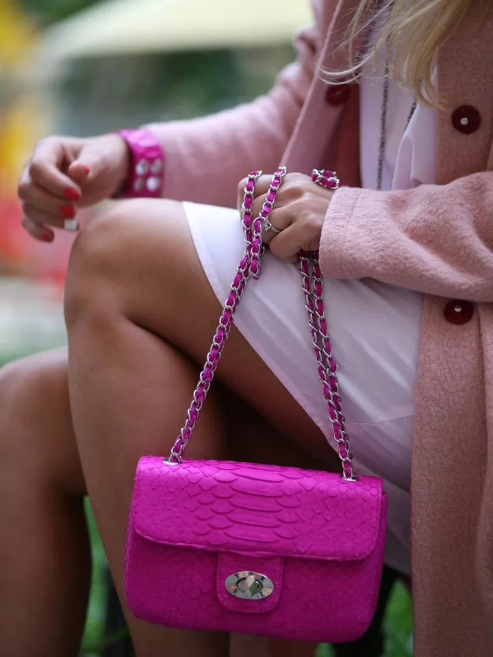 Genuine Python Skin fuchsia summer mini bag| Adjustable Chain Classy Elegant Bright Pink Crossbody Small Lady Summer Purse | Gift for her