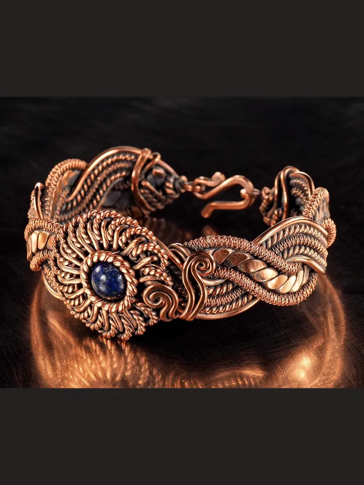 Copper wire wrapped Lapis lazuli bracelet for woman, Statement flower jewelry, 7th Anniversary gift for her woman, Unique copper jewelry, Braided Art Nouveau antique style bracelet, Oxidized pure copper, Handmade