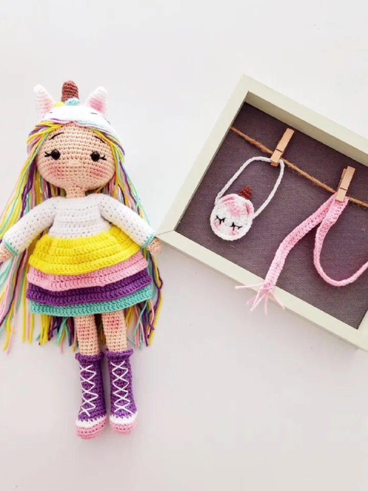 Crochet Doll, Unicorn Girl Personalized Doll, Amigurumi Knitted Soft Plushie Toy, Infant Baby Birthday Gift Box, For Her Valentine's Day