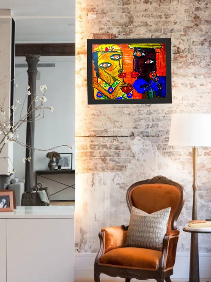Lovers, abstract painting ,original oil pastel painting, gift for Valentine day.