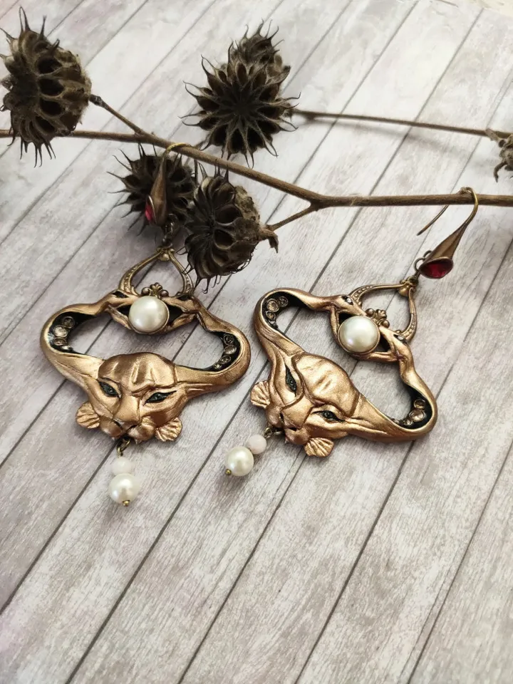 Custom Art Nouveau Symbolist earrings crowned with two snakes