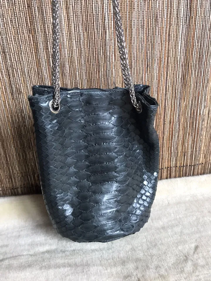 Genuine python skin bucket black chain bag / designer women purse / small soft sport bag / exotic leather bags free shipping | gift for her