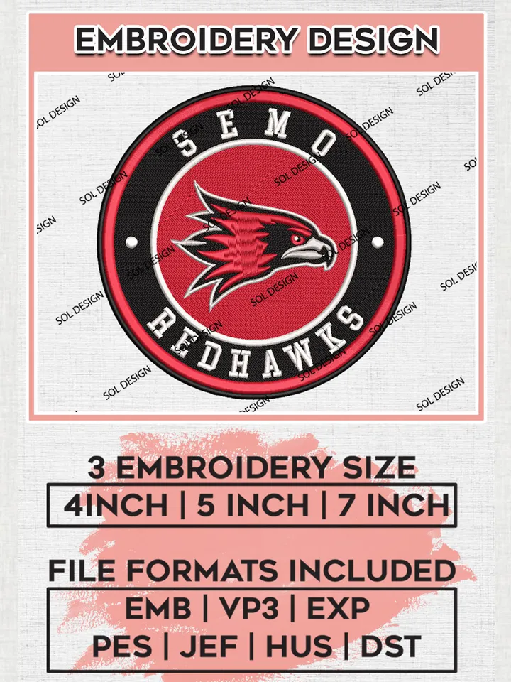 NCAA Southeast Missouri State Redhawks Round Logo Embroidery, NCAA SEMO Redhawks Logo Embroidery files, NCAA Teams, Machine embroidery designs, Digital Download
