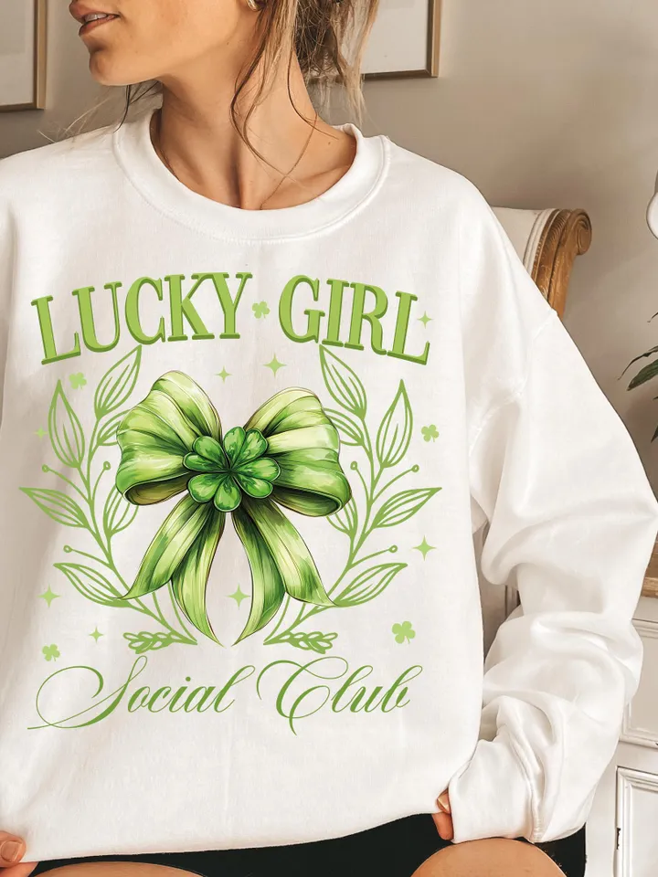 Lucky Girl Social Club Png St. Patrick’s Day Bow png, St Patricks Coquette PNG, Green Coquette PNG, 4 leaf clover png, St Patrick's Day png