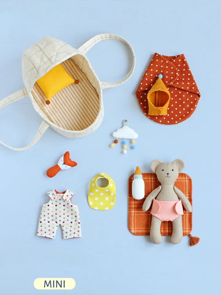 2 PDF Mini Bear Stuffed Animal with Baby Set and Hooded Sleeping Basket Sewing Patterns Bundle