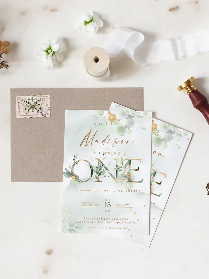 Greenery First Birthday Invitation; ONE Birthday Invitation; Wizard Baby Birthday Invite; Editable B-day invite template; Green Gold Leaves