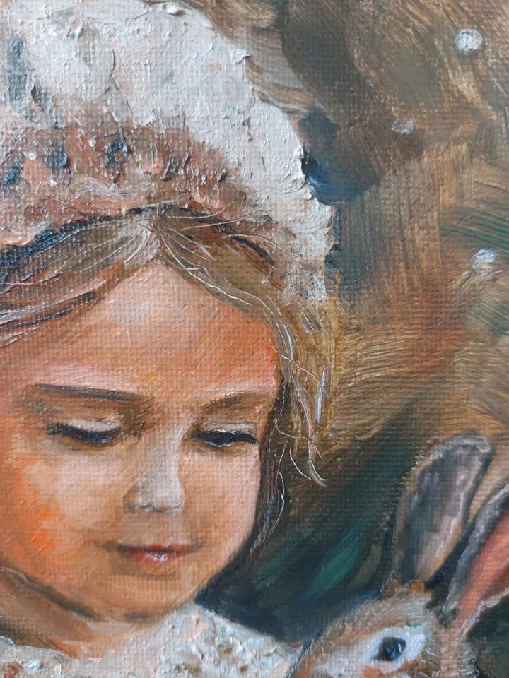 "Oil painting on canvas on cardboard: a girl with a rabbit 8x8 inc"