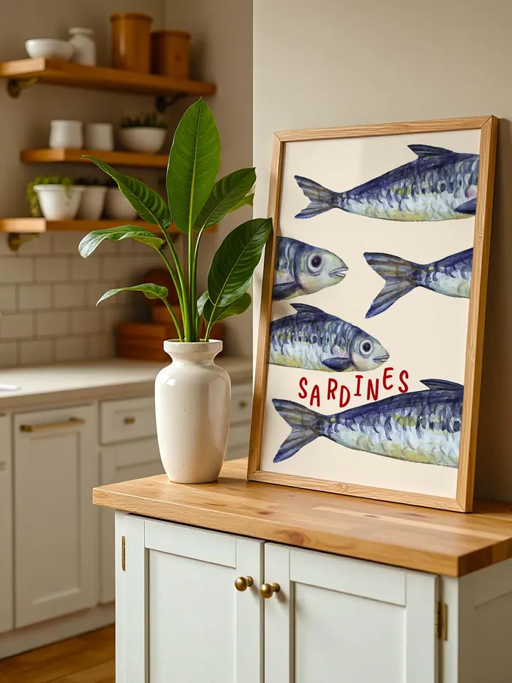 Sardine Wall Art, Sardines Tin Fish Poster, Colorful Kitchen Print, Maximalist Home Decor, Vintage Style Digital Artwork, Retro Sardine Art