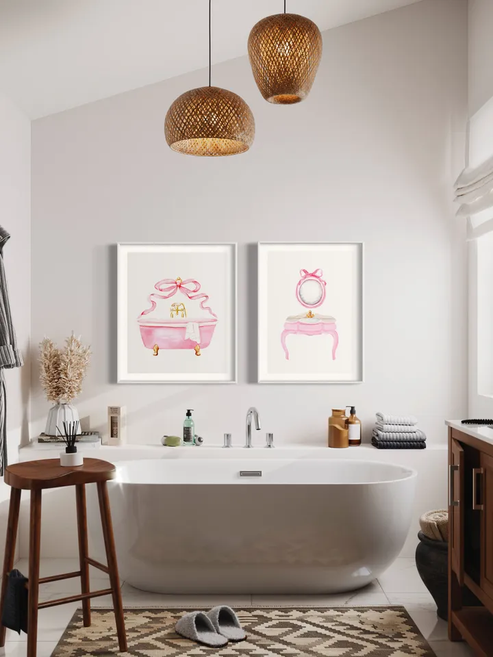 Pink Bow Bathroom Vintage Art Print, Set Of 2 Watercolor Bathroom, Bow Wall Art, Girls Bathroom Decor, Spa Beauty Art, Gift For Her