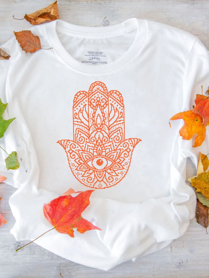 Hamsa hand cross stitch pattern download PDF, Monochrome mandala pattern, Hand of Fatima cross stitch, Evil eye hamsa beginner stitch #M83