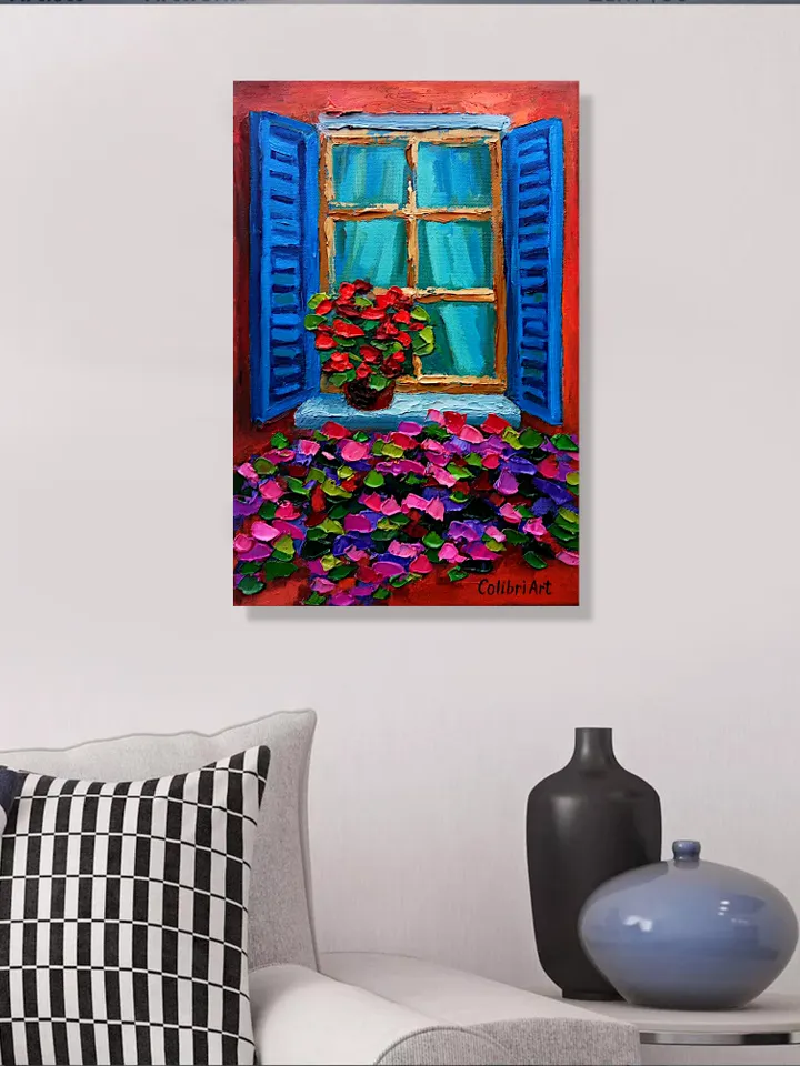 Window Painting Italy Original Art Flower Painting Geranium Floral Art Italian Colorful Small Art 12"x 8" By Colibri Art
