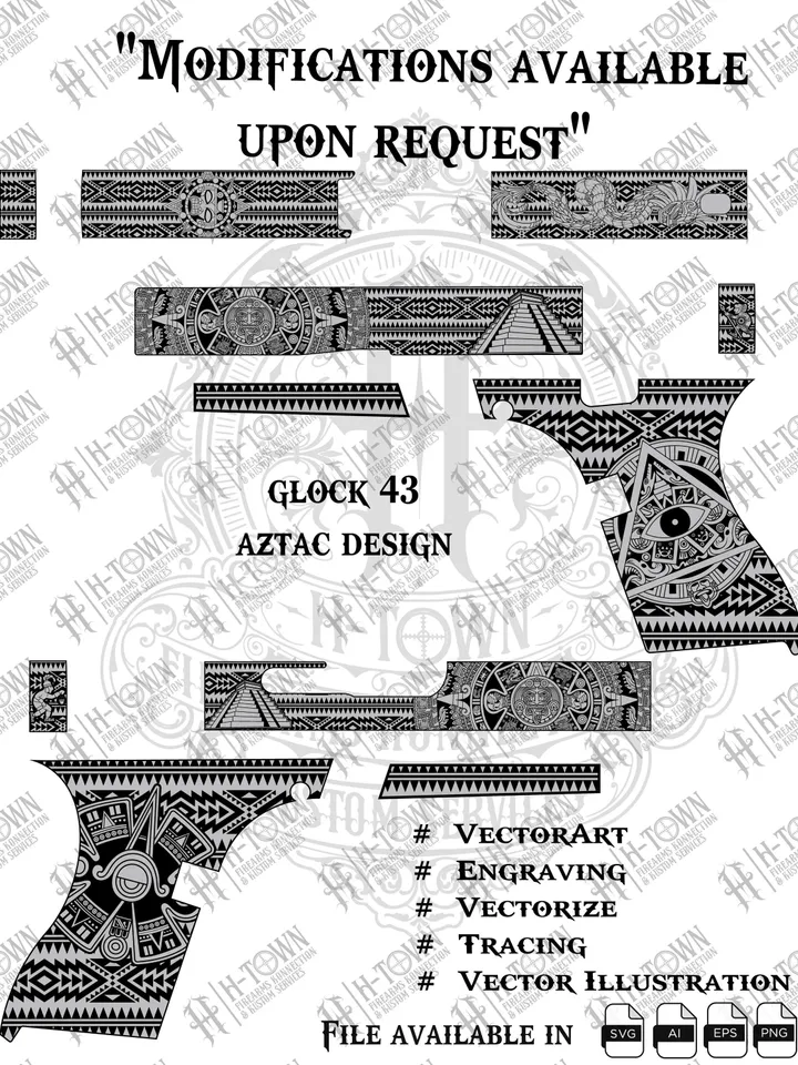 Glock 43 Aztec Engraving Design | Tribal Grip & Slide Vector | Laser Ready Svg PNG EPS AI | Ancient Pistol Artwork