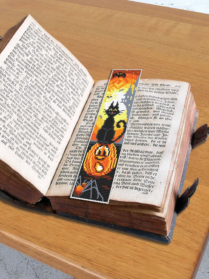 Halloween bookmark cross stitch pattern download PDF Modern handmade bookmark digital, Halloween cross stitch Cute Black cat embroidery #B71