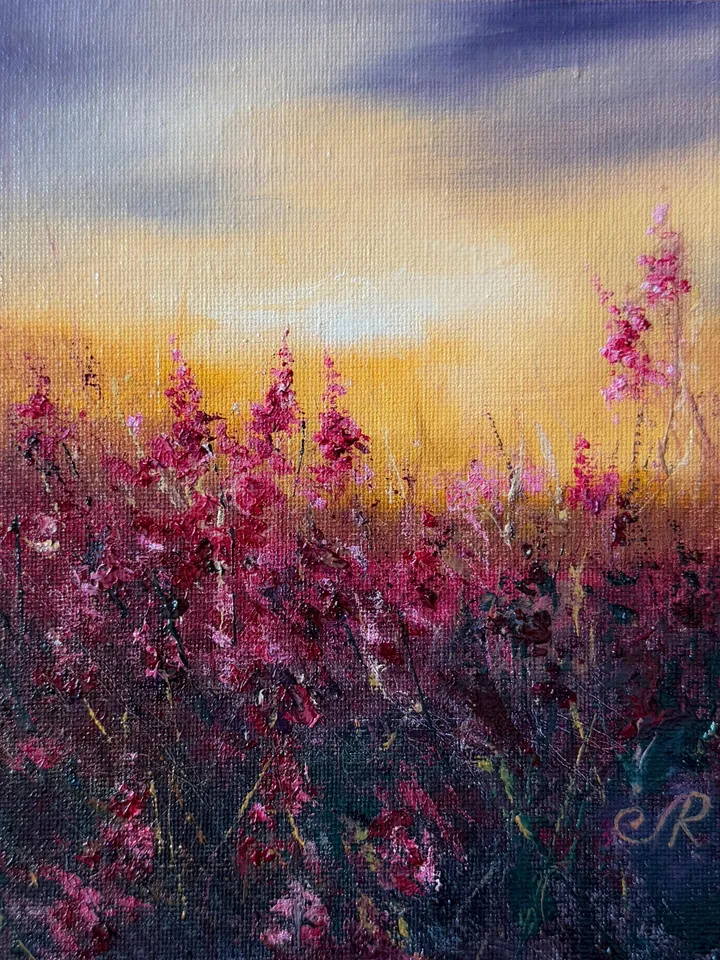 Meadow Oil Painting Field Wall Art Sunset Original Painting