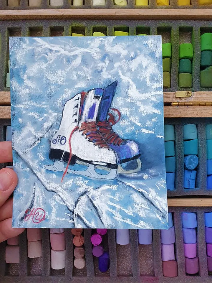 Ice Skates Painting Christmas Original Art Winter Wall Art Frame Painting