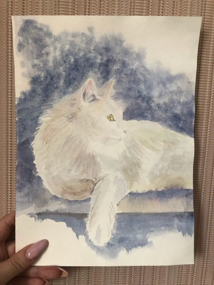 Original Watercolor painting Animal Wildlife White Cat Portrait