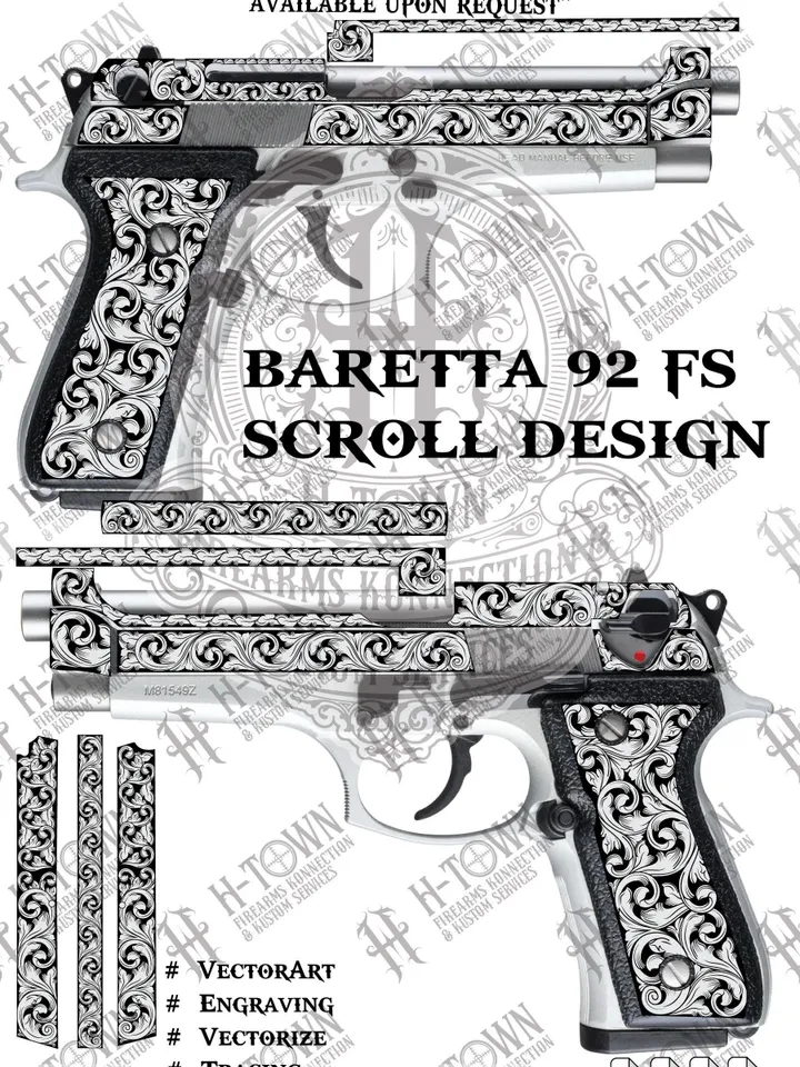 Beretta 92 FS Engraving Scroll Design | Pistol Gun Vector File | Firearm Grip & Slide Scroll Pattern | SVG DXF Ai Png