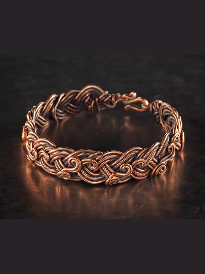 Copper bracelet for woman, Antique style, Handcrafted wire woven copper jewellery, One of kind braided statement bangle, Handmade oxidized pure copper jewelry, Pain relief, EMF protection