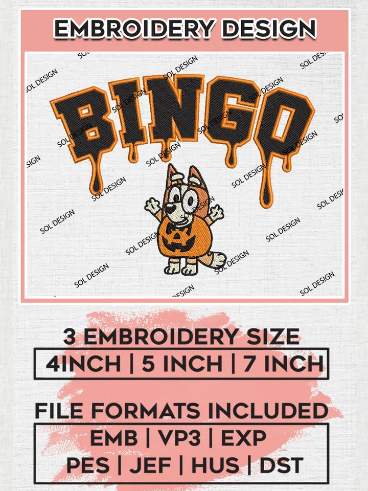 Halloween Bingo Pumpkin Bluey Drop Blood Name Embroidery designs, Hapy Halloween Machine embroidery designs, Bluey Character embroidery files, Trick Or Treat Machine Embroidery Digitized Pes Files, Digital Download