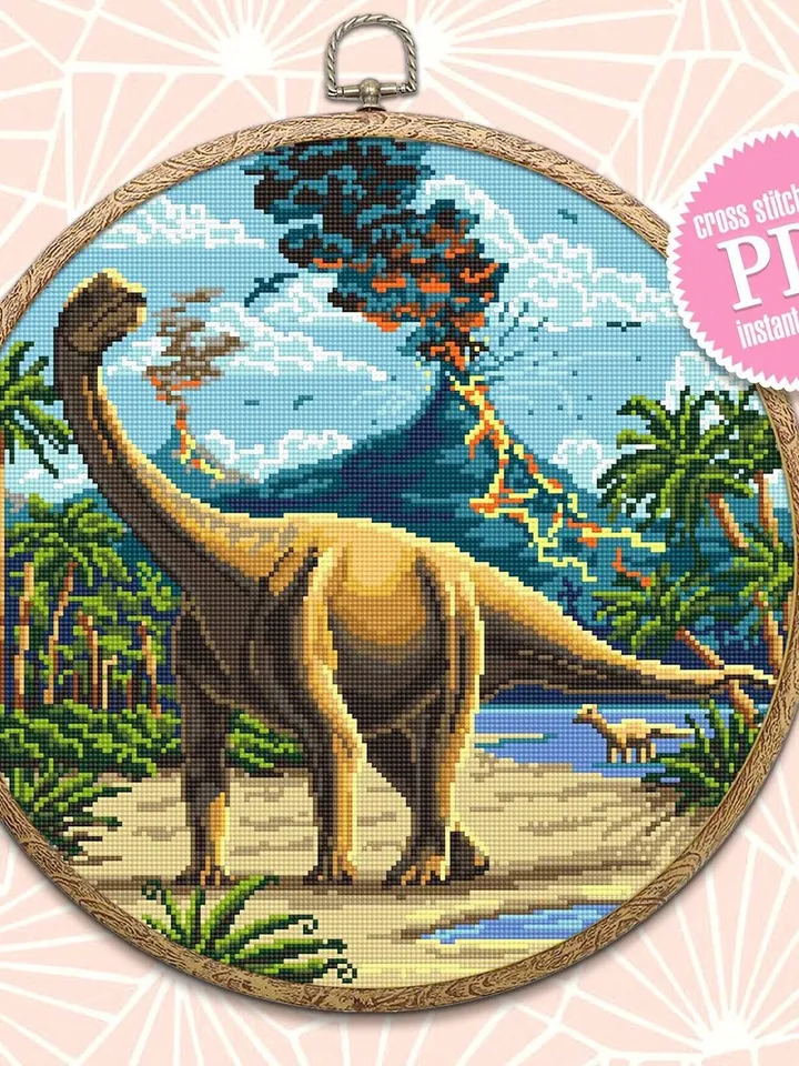Dinosaur cross stitch pattern download PDF, Ancient animal cross stitch chart, Nature landscape cross stitch, Dinosaur world embroidery #D1
