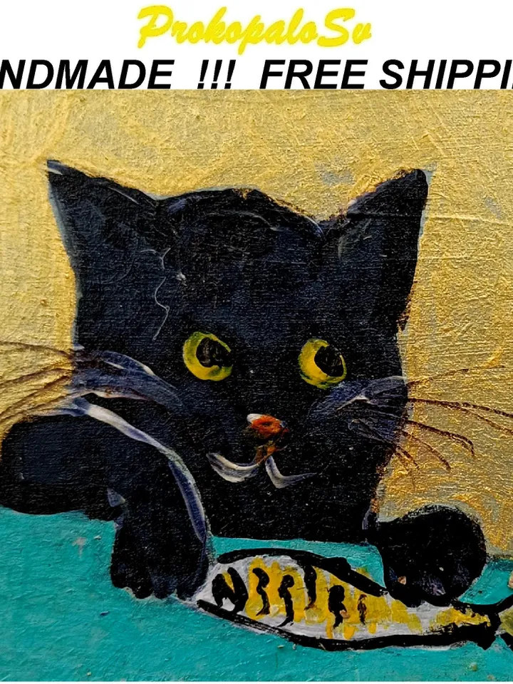 Mini painting a black cat and sardine painting framed 4x4 in Original Handmade painting Gift by ArtProkopaloSv