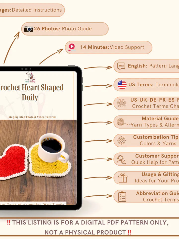 Crochet Heart Shaped Doily - Heart Potholder Crochet Pattern - Cute Crochet Decor for Valentine's Day or Housewarming Gift