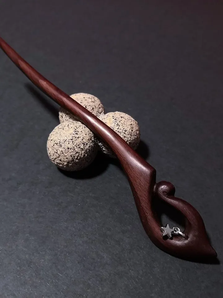 Handmade wooden hairpin made of walnut wood with pendant.