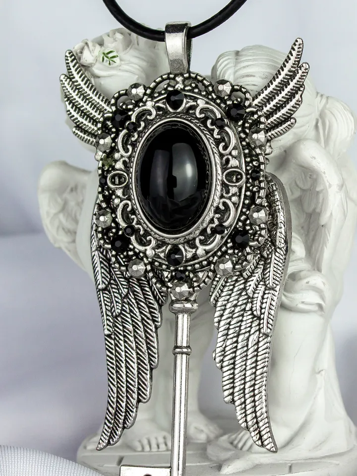Gothic Winged Key Necklace with Black Obsidian and Swarovski Crystals – Vintage Steampunk Jewelry