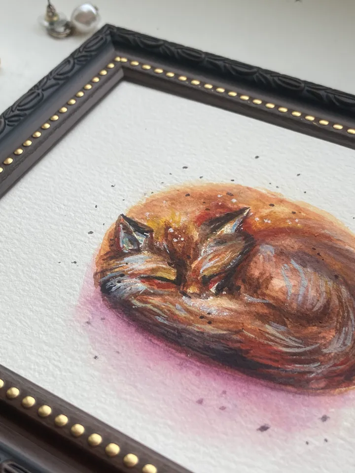 Sleeping Fox Painting Framed Small Watercolor Painting Original Art Frame Animal Painting Realistic Fox