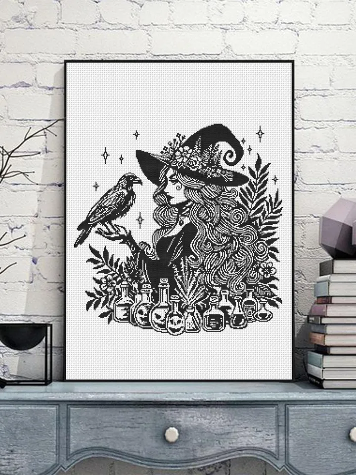 Halloween forest witch cross stitch pattern PDF download Halloween cross stitch chart monochrome, Gothic pattern digital PDF Black crow #H77