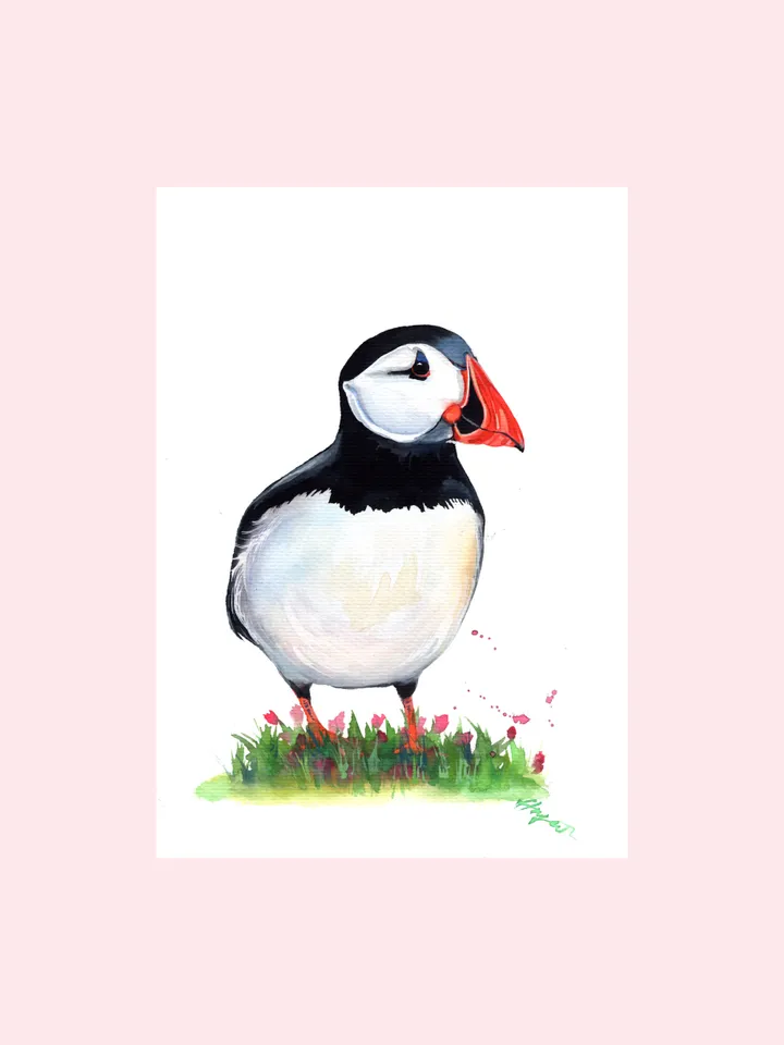 Puffin original watercolor, birds painting, wall decor, 7x10 in art for bird lovers by Anne Gorywine