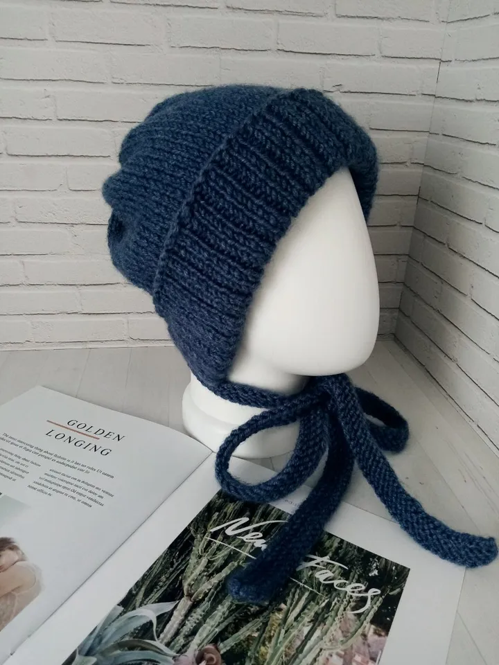 Warm Knitted Cap with Long Ties Handmade