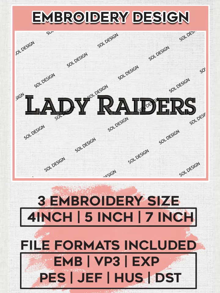 NCAA Lady Raiders College Team Word Logo Embroidery Design Files, NCAA Texas Tech Red Raiders Machine Embroidery, NCAA Teams, 3 sizes, NCAA Machine embroidery designs, Digital Download