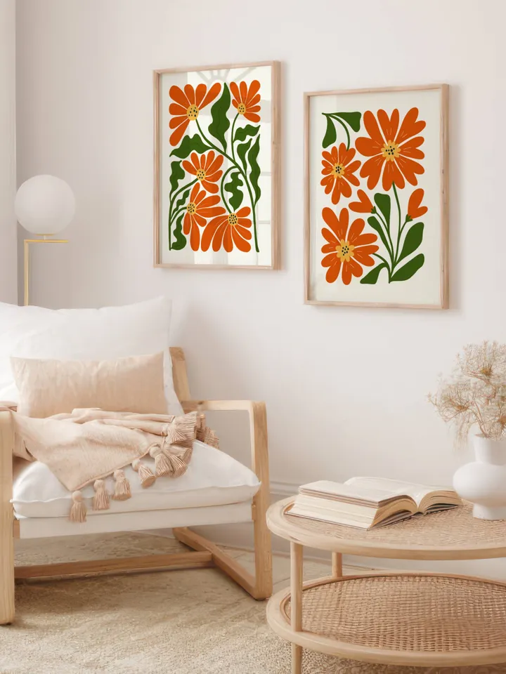 Abstract Flowers Print Set of 3, Boho Style Terracotta Prints, Floral Wall Art, Vintage Art Print, Boho Printable Art, Flower Market Poster