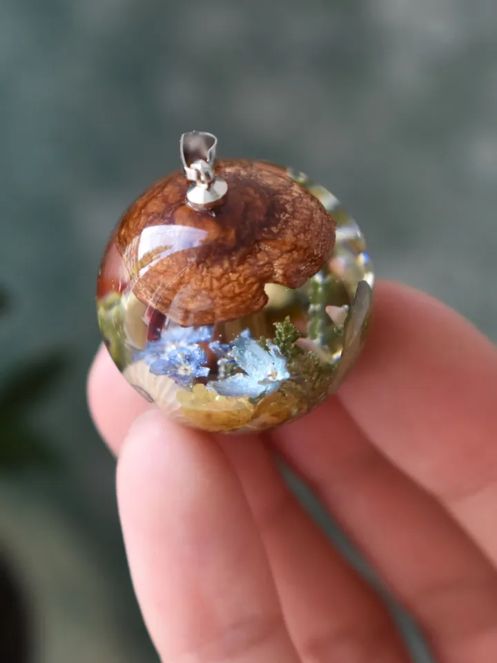 Mushroom necklace. Real Mushrooms pendant. Necklace with a forest composition. Moss, forget-me-not and snail in resin.