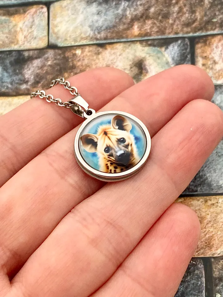 Hiene necklace, steel pendant with glass, Hiene lover gift
