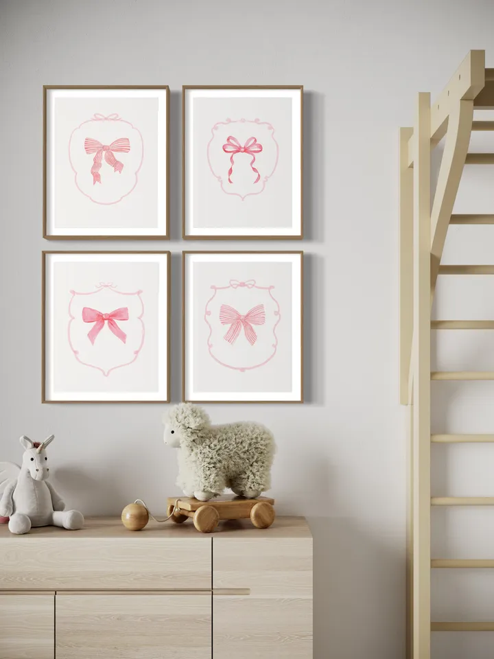 Pink Bow Set Of 4 Watercolor Painting, Love Shack Fancy, Preppy Girls Gift, Baby Bow Art, Nursery Decor, Watercolor Bow, Little Girl Nursery
