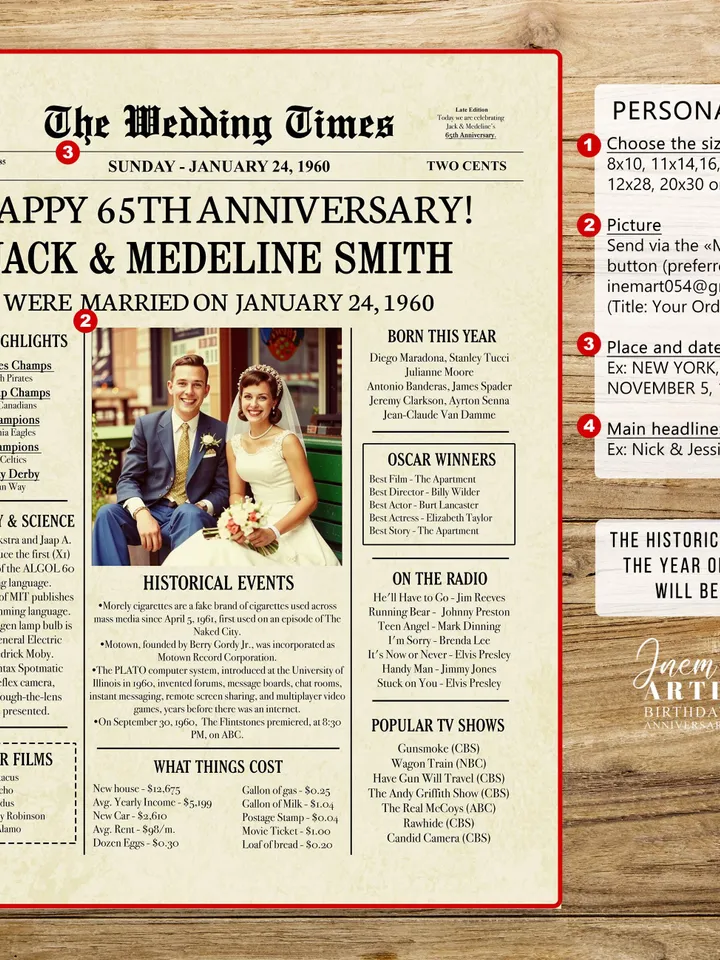 65th Wedding Anniversary Gift for Parents, 1960 Anniversary Newspaper Poster, 65th Anniversary Gifts, Printable Digital Download